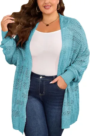 Women's Plus Size Crochet Cardigan Kimonos Boho Long Sleeve Oversized Summer Open Front Knitted Sweater Tops