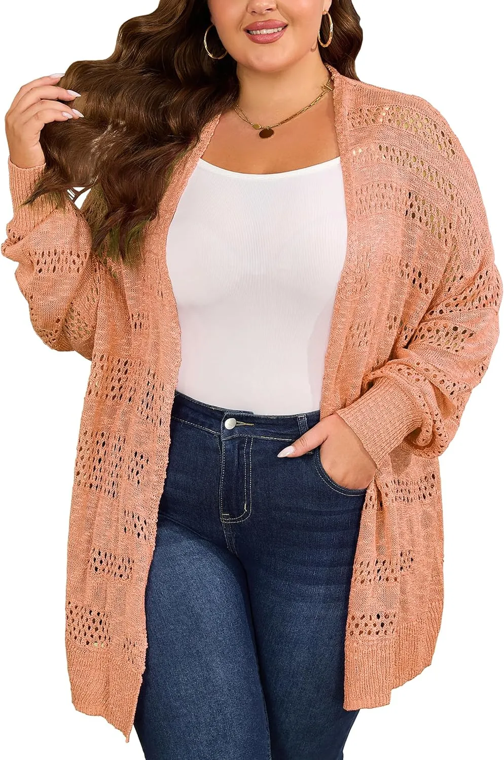 Women's Plus Size Crochet Cardigan Kimonos Boho Long Sleeve Oversized Summer Open Front Knitted Sweater Tops