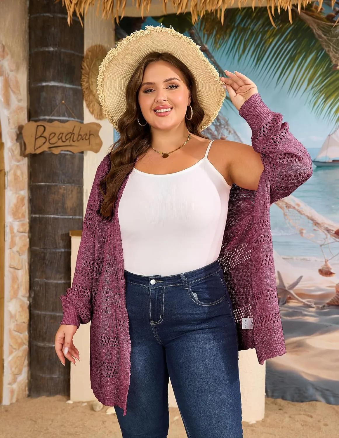 Women's Plus Size Crochet Cardigan Kimonos Boho Long Sleeve Oversized Summer Open Front Knitted Sweater Tops