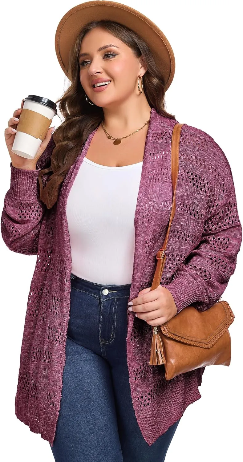 Women's Plus Size Crochet Cardigan Kimonos Boho Long Sleeve Oversized Summer Open Front Knitted Sweater Tops