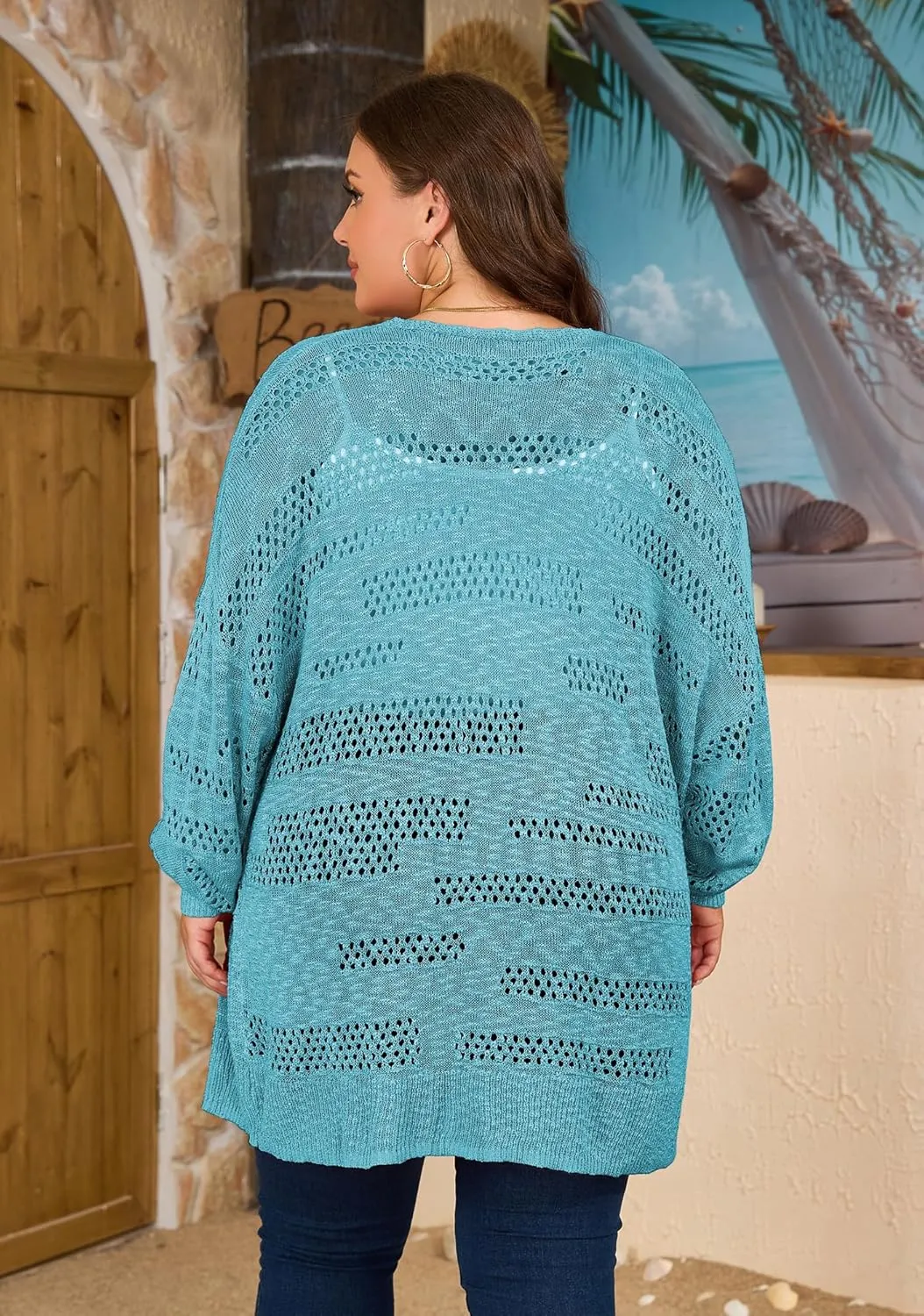 Women's Plus Size Crochet Cardigan Kimonos Boho Long Sleeve Oversized Summer Open Front Knitted Sweater Tops