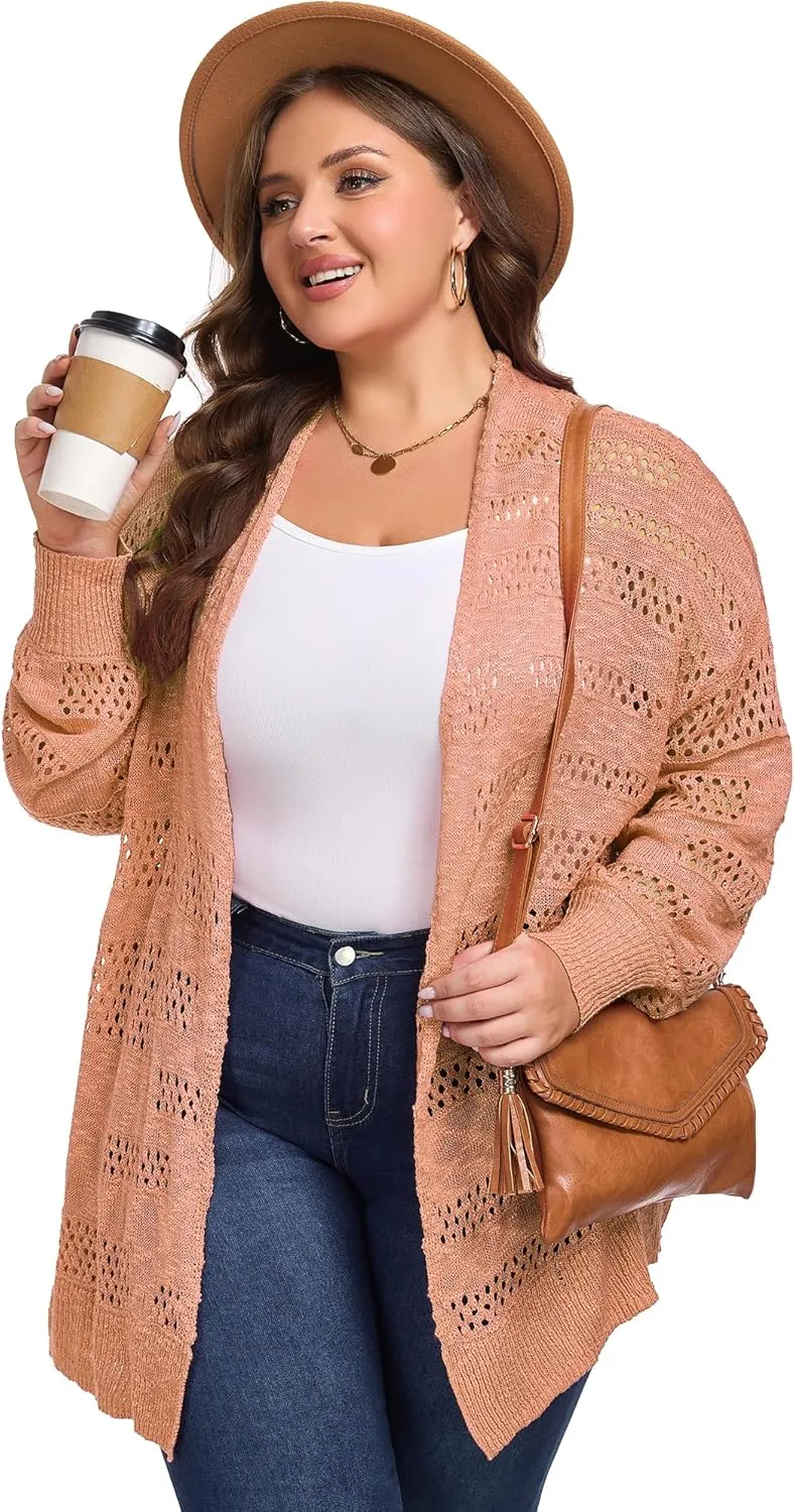 Women's Plus Size Crochet Cardigan Kimonos Boho Long Sleeve Oversized Summer Open Front Knitted Sweater Tops