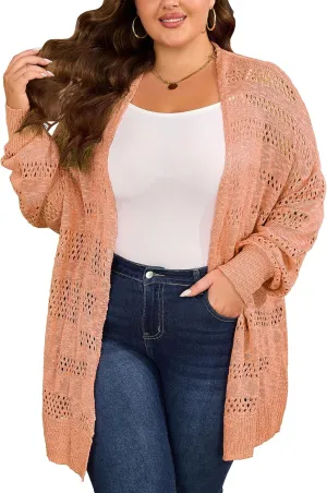 Women's Plus Size Crochet Cardigan Kimonos Boho Long Sleeve Oversized Summer Open Front Knitted Sweater Tops