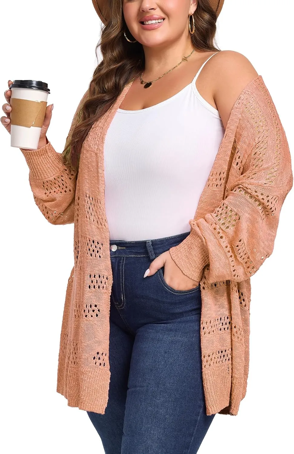 Women's Plus Size Crochet Cardigan Kimonos Boho Long Sleeve Oversized Summer Open Front Knitted Sweater Tops