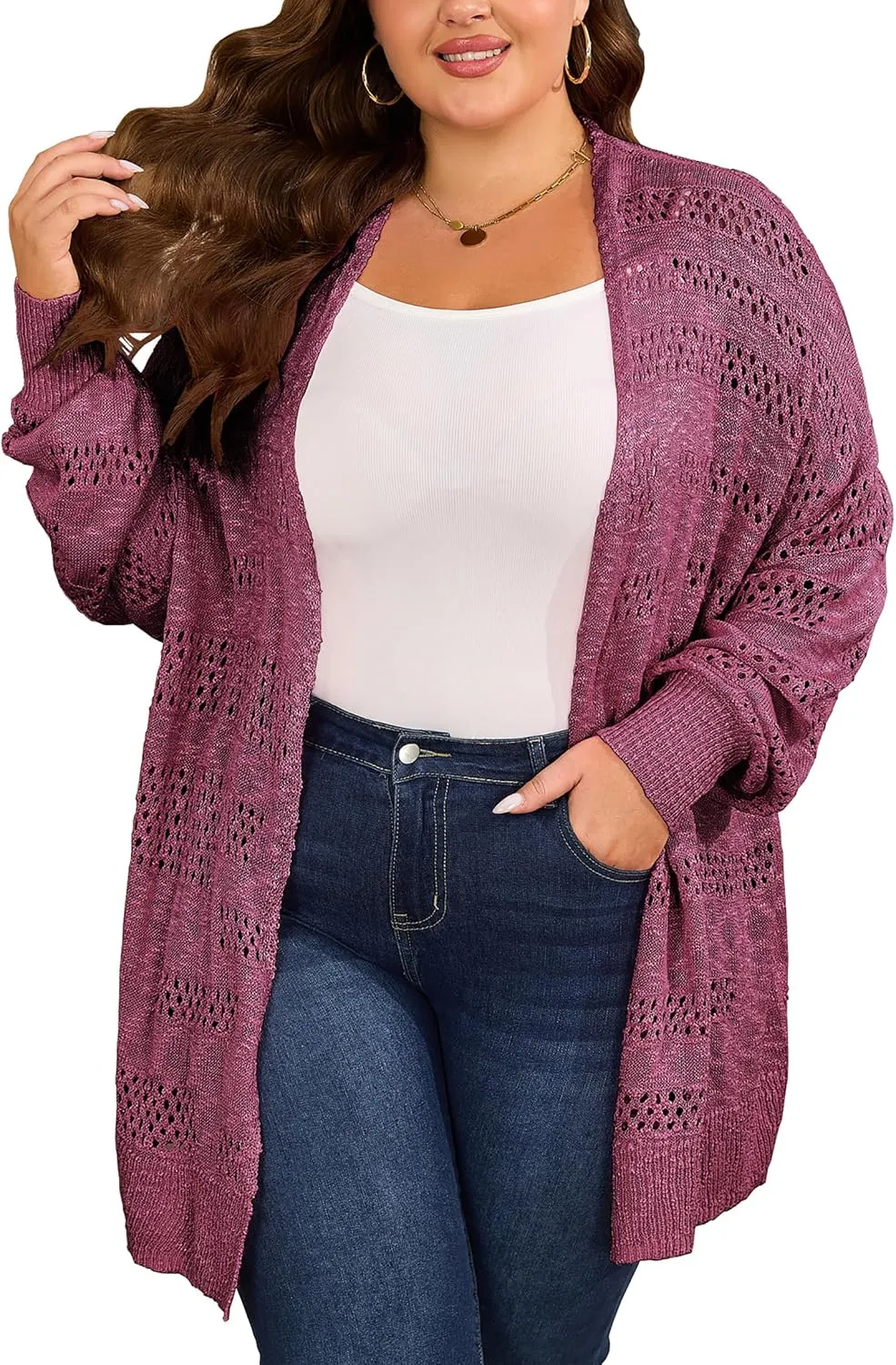 Women's Plus Size Crochet Cardigan Kimonos Boho Long Sleeve Oversized Summer Open Front Knitted Sweater Tops