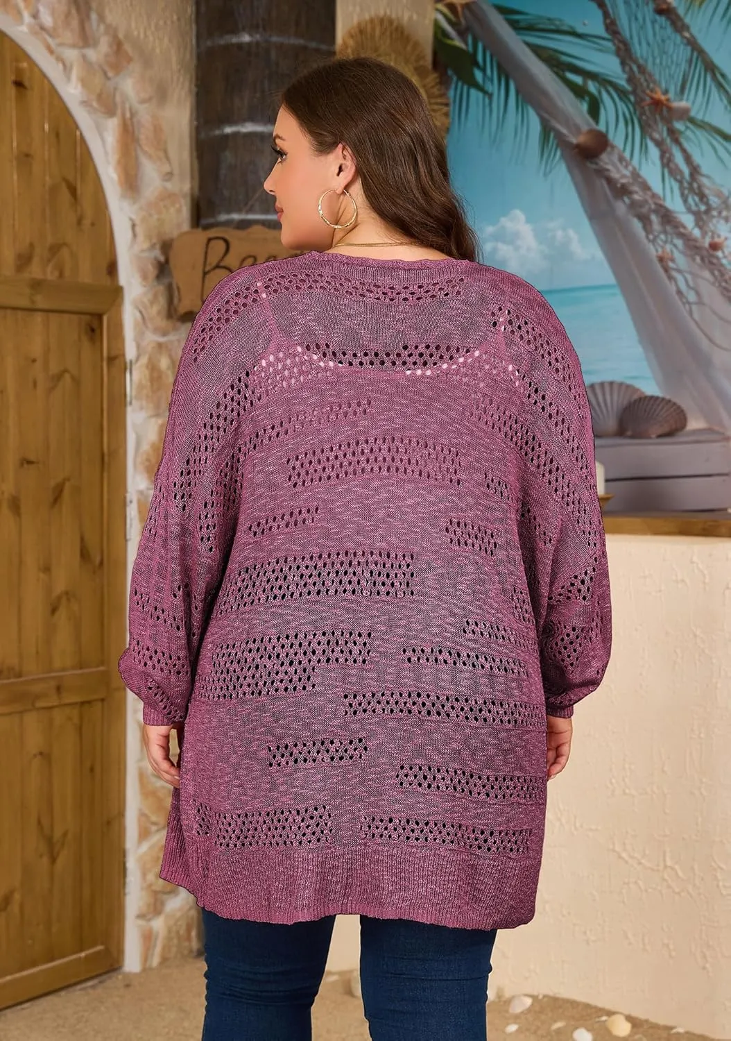 Women's Plus Size Crochet Cardigan Kimonos Boho Long Sleeve Oversized Summer Open Front Knitted Sweater Tops