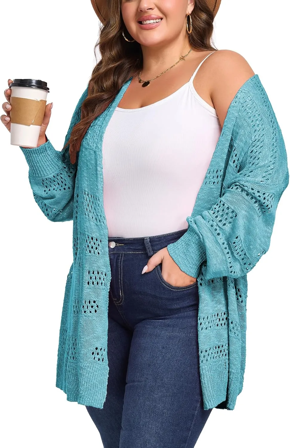 Women's Plus Size Crochet Cardigan Kimonos Boho Long Sleeve Oversized Summer Open Front Knitted Sweater Tops