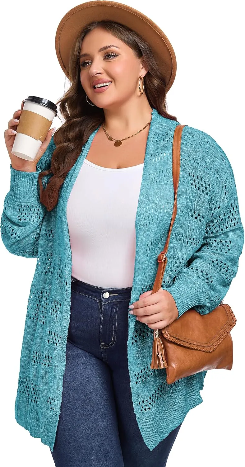Women's Plus Size Crochet Cardigan Kimonos Boho Long Sleeve Oversized Summer Open Front Knitted Sweater Tops