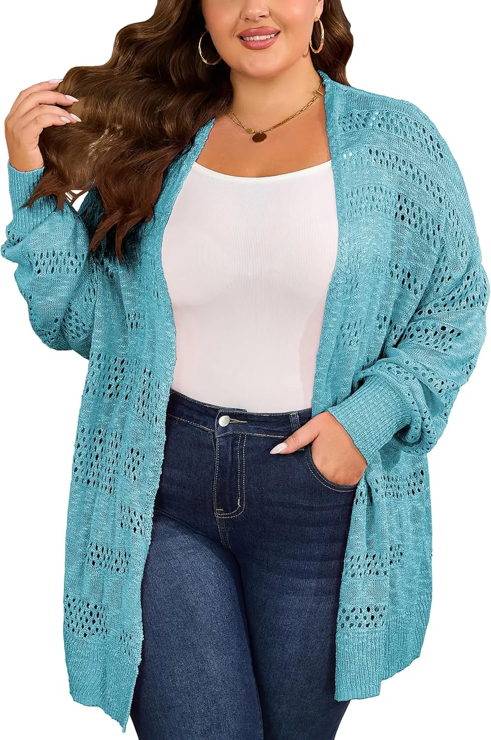 Women's Plus Size Crochet Cardigan Kimonos Boho Long Sleeve Oversized Summer Open Front Knitted Sweater Tops