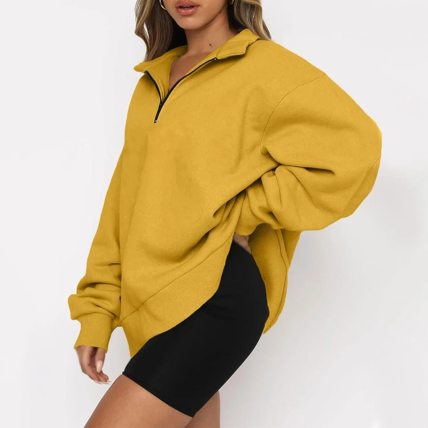 Womens Quarter Zip Trendy Sweatshirts Plain Oversized Long Sleeve Loose Fit Casual Pullover Tops Fall Y2K Clothes