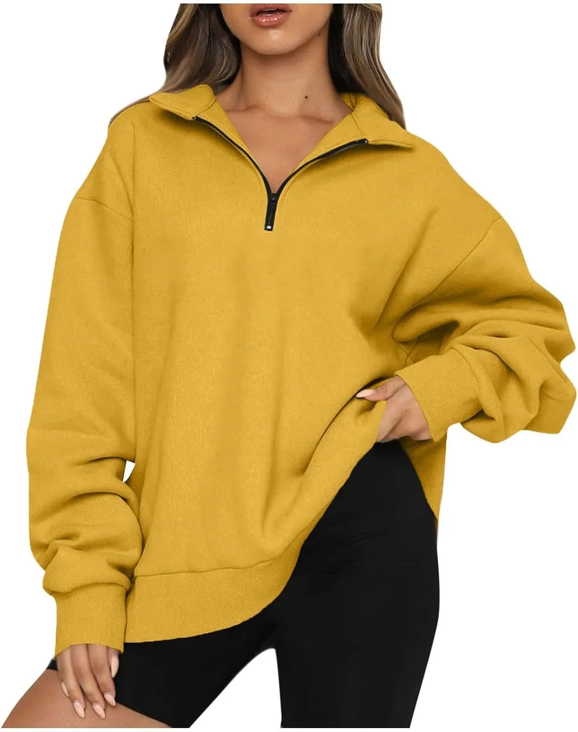 Womens Quarter Zip Trendy Sweatshirts Plain Oversized Long Sleeve Loose Fit Casual Pullover Tops Fall Y2K Clothes