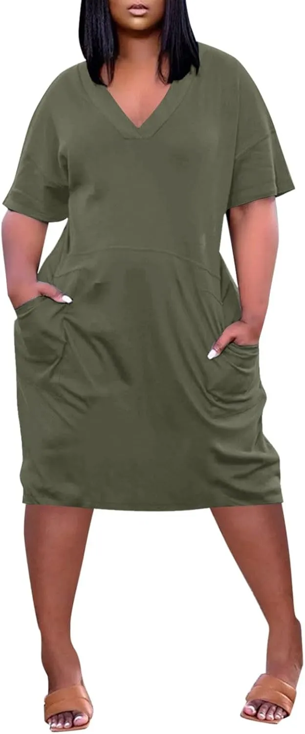 Women's Rompers Dressy Summer Casual Loose Dress 2024 Short Sleeve V-Neck Solid Color Beach Dresses, L-5XL
