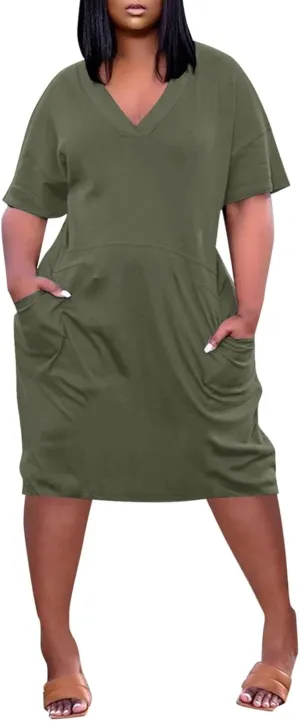 Women's Rompers Dressy Summer Casual Loose Dress 2024 Short Sleeve V-Neck Solid Color Beach Dresses, L-5XL