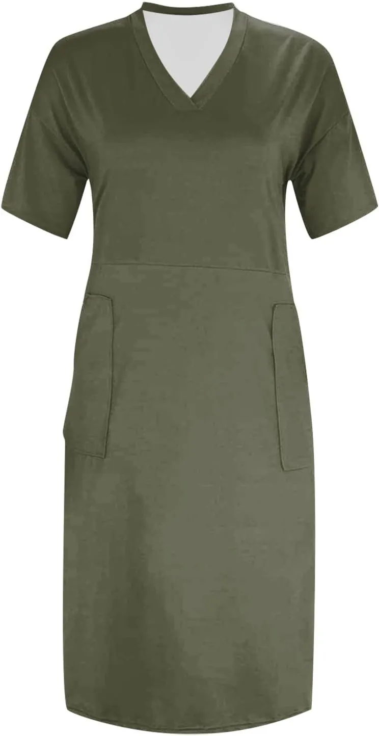 Women's Rompers Dressy Summer Casual Loose Dress 2024 Short Sleeve V-Neck Solid Color Beach Dresses, L-5XL