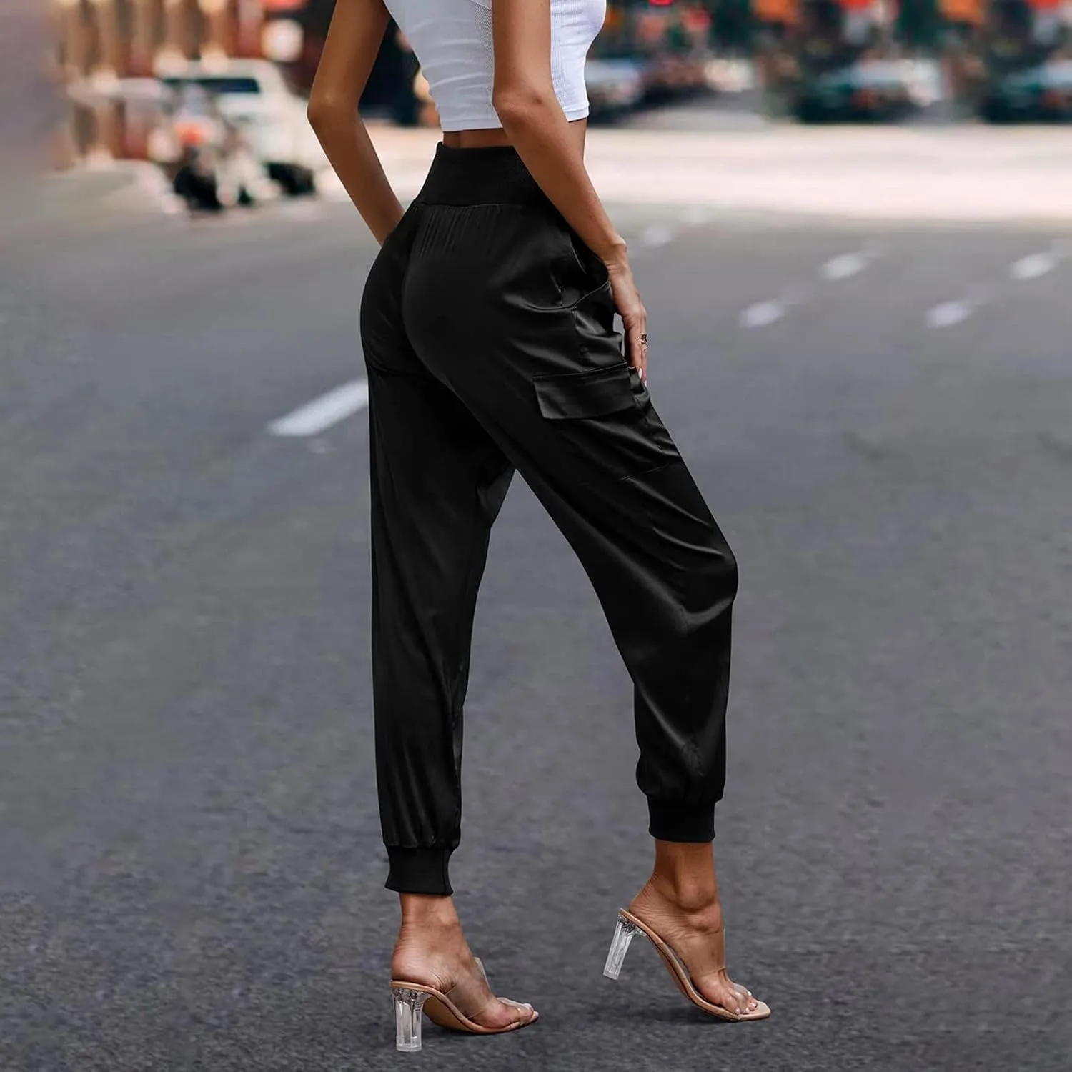Womens Satin Jogger Pants Casual High Waist Pull on Lounge Trousers Casual Ankle Length Silky Satin Cargo Pants