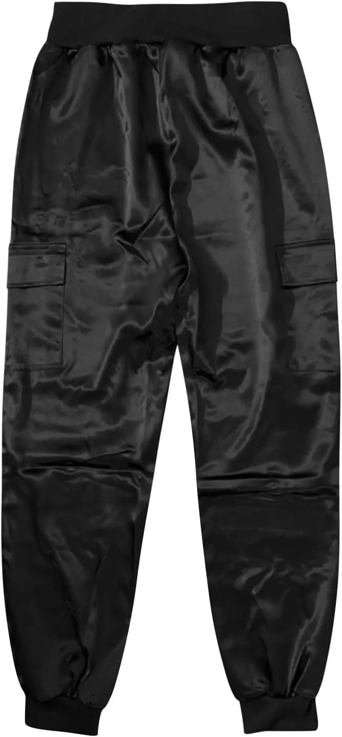 Womens Satin Jogger Pants Casual High Waist Pull on Lounge Trousers Casual Ankle Length Silky Satin Cargo Pants
