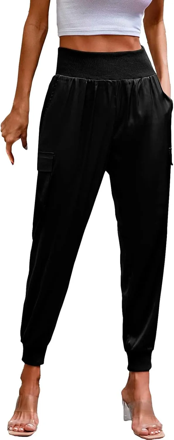 Womens Satin Jogger Pants Casual High Waist Pull on Lounge Trousers Casual Ankle Length Silky Satin Cargo Pants