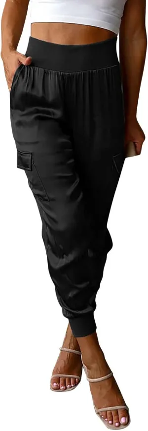 Womens Satin Jogger Pants Casual High Waist Pull on Lounge Trousers Casual Ankle Length Silky Satin Cargo Pants