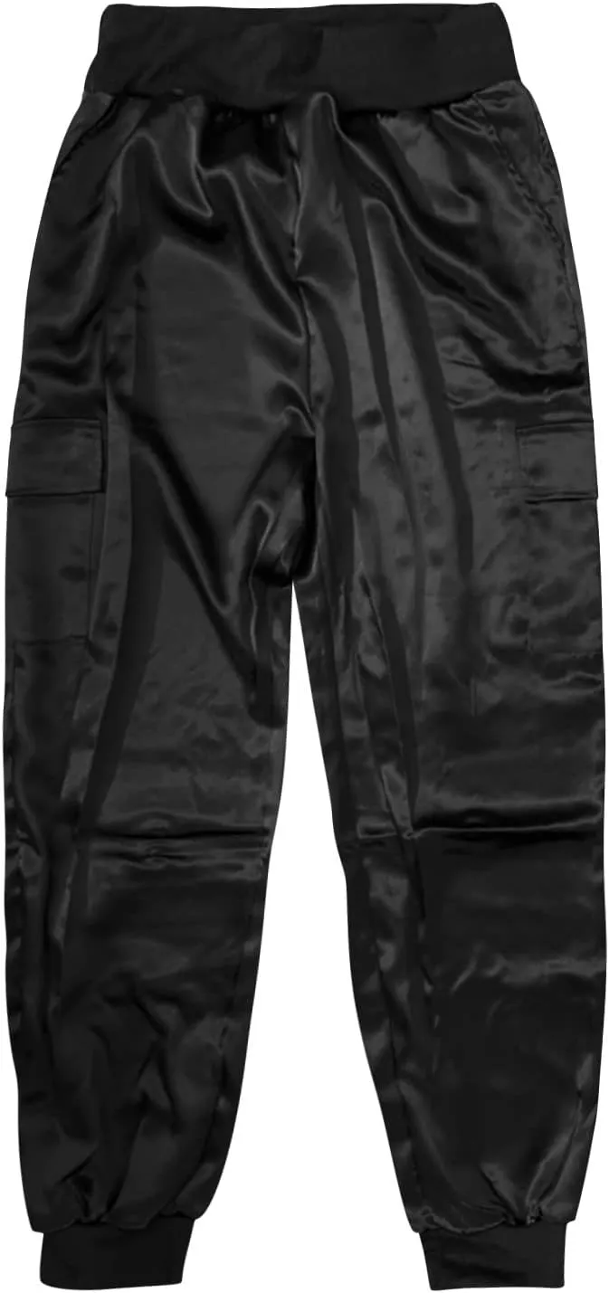 Womens Satin Jogger Pants Casual High Waist Pull on Lounge Trousers Casual Ankle Length Silky Satin Cargo Pants