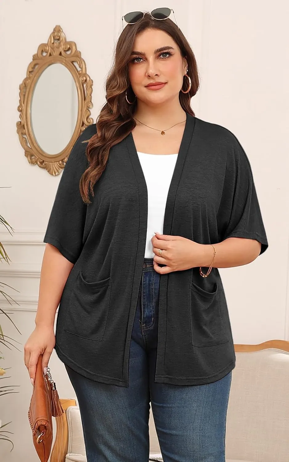 Womens Short Sleeve Kimono Cardigans Lightweight Summer Cardigan Casual Loose Beach Cover Up Curved Hem with Pockets