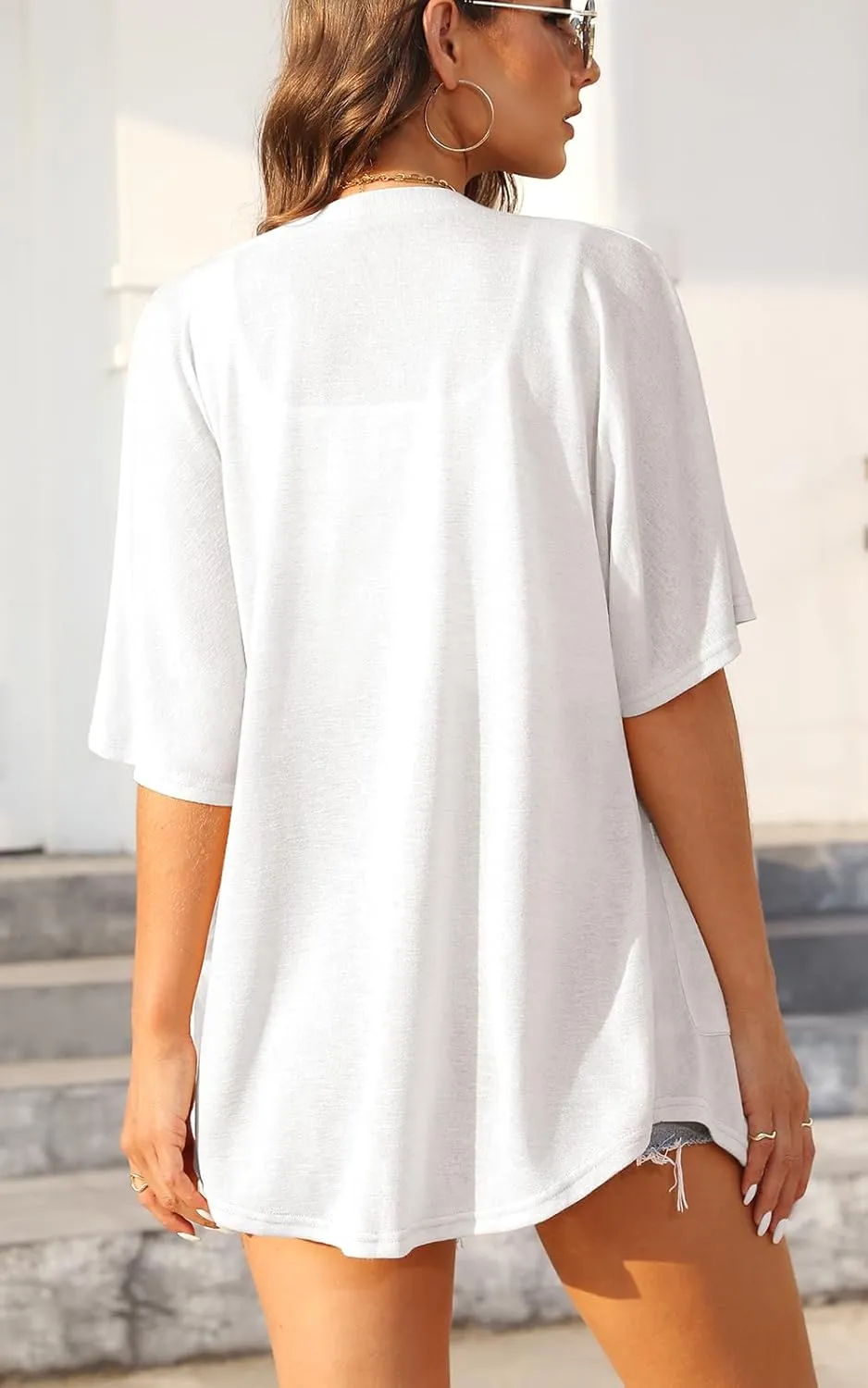 Womens Short Sleeve Kimono Cardigans Lightweight Summer Cardigan Casual Loose Beach Cover Up Curved Hem with Pockets