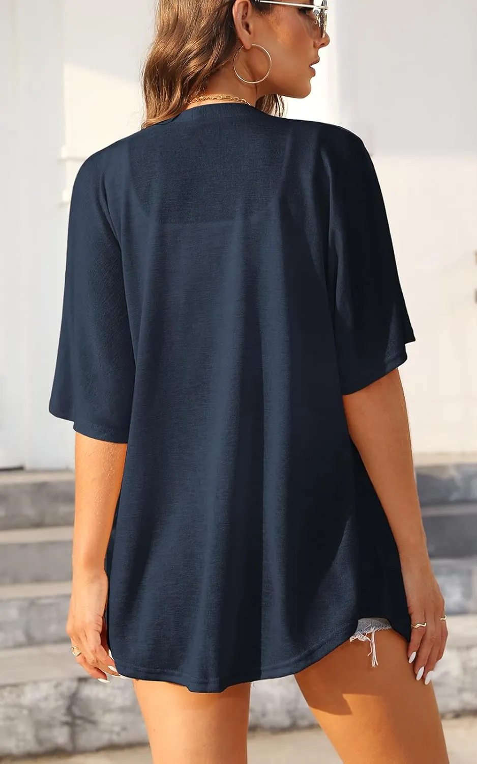 Womens Short Sleeve Kimono Cardigans Lightweight Summer Cardigan Casual Loose Beach Cover Up Curved Hem with Pockets