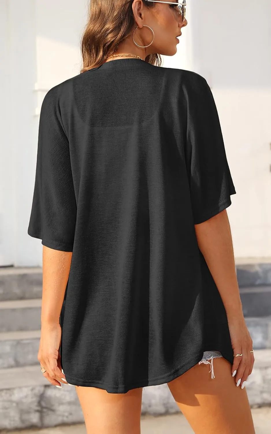 Womens Short Sleeve Kimono Cardigans Lightweight Summer Cardigan Casual Loose Beach Cover Up Curved Hem with Pockets
