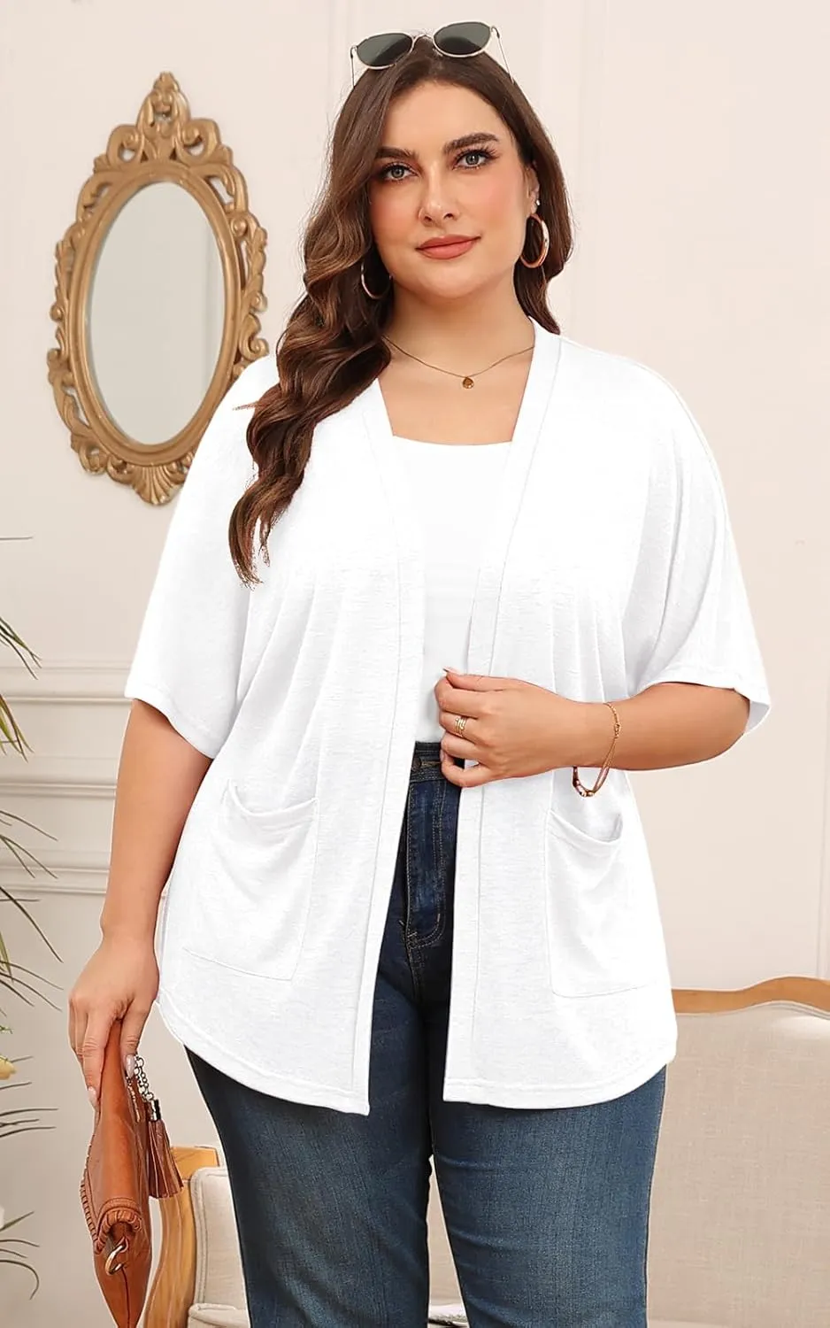 Womens Short Sleeve Kimono Cardigans Lightweight Summer Cardigan Casual Loose Beach Cover Up Curved Hem with Pockets