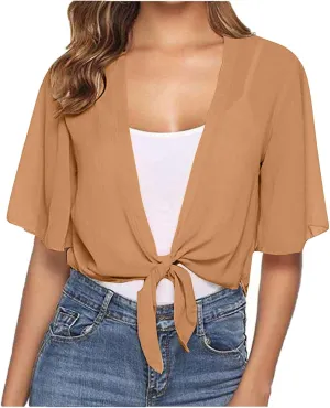 Womens Shrugs for Summer Cropped Cardigan Short Sleeve Open Front Sheer Shawl Cardigans Lightweight Chiffon Bolero