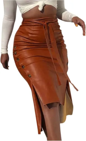 Women's Skirts PU Sexy Side Split Button Down Skirt Fashion Trendy Tie Knot High Low Hem Skater Skirts Streetwear