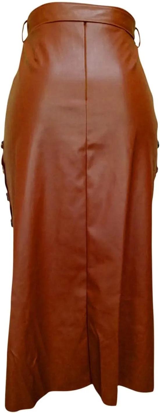 Women's Skirts PU Sexy Side Split Button Down Skirt Fashion Trendy Tie Knot High Low Hem Skater Skirts Streetwear
