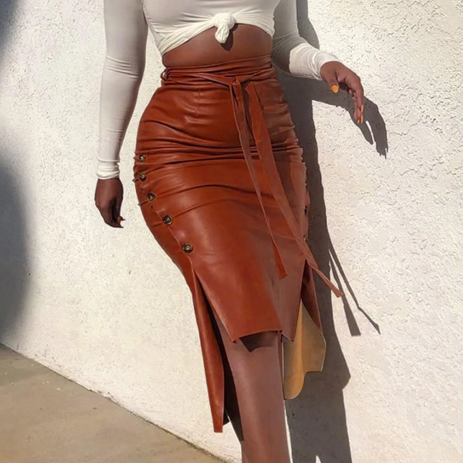Women's Skirts PU Sexy Side Split Button Down Skirt Fashion Trendy Tie Knot High Low Hem Skater Skirts Streetwear