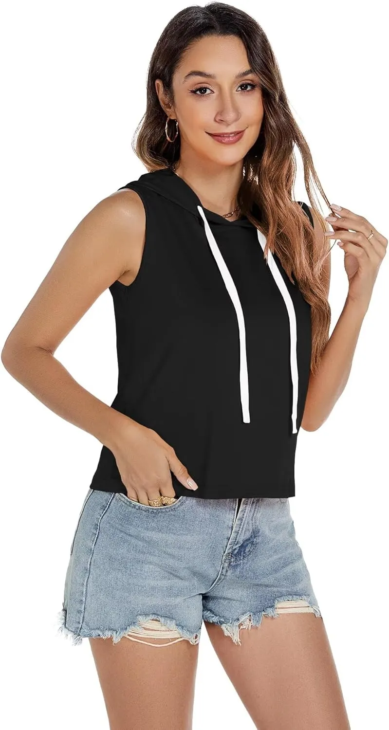 Women's Sleeveless Hooded Tank Top Gym Quick Dry Running Crop Hoodie Outdoor Active Breathable Pullover Sweatshirt