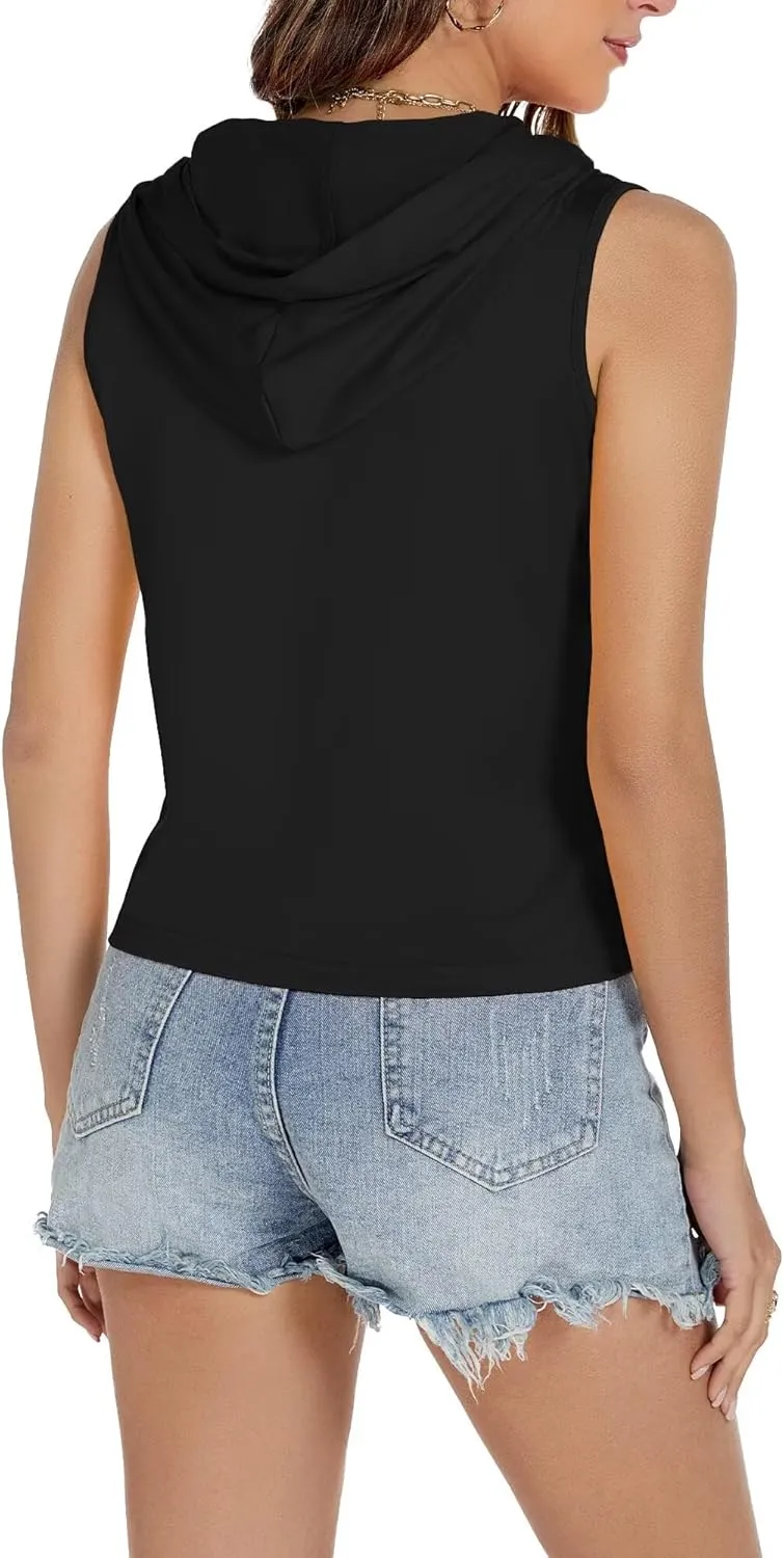 Women's Sleeveless Hooded Tank Top Gym Quick Dry Running Crop Hoodie Outdoor Active Breathable Pullover Sweatshirt