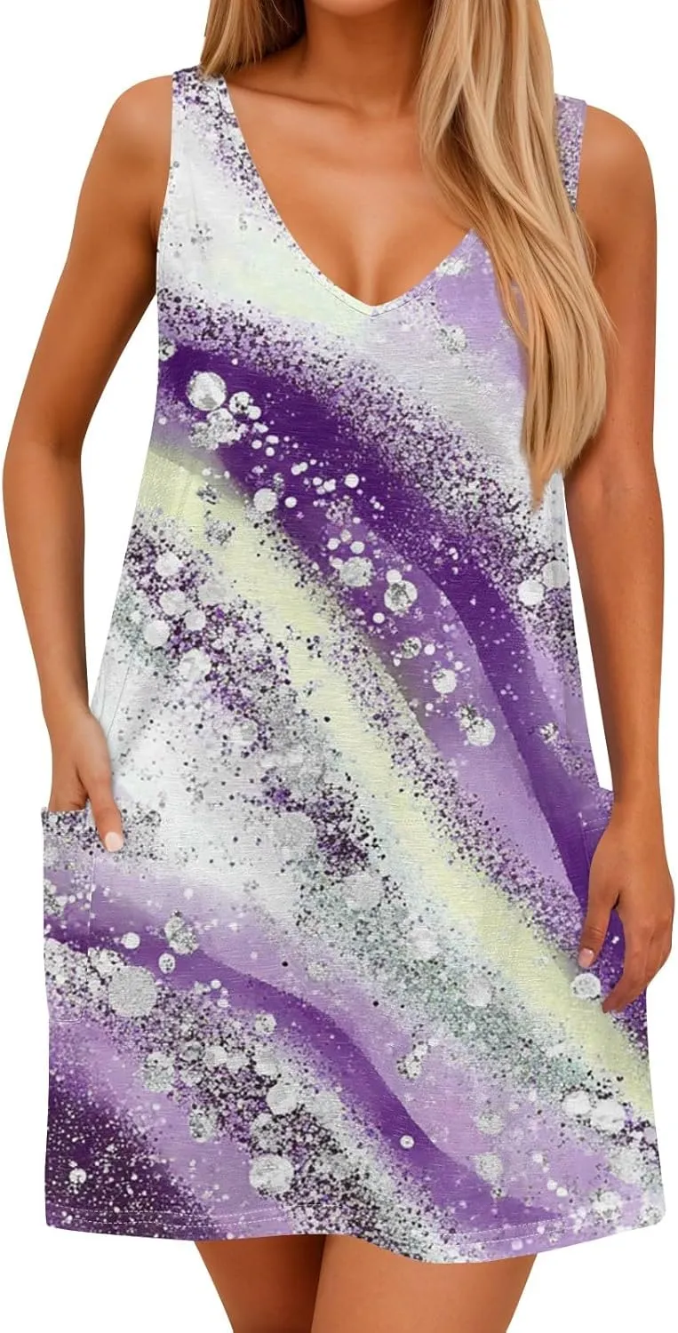 Women's Sleeveless Summer Dress V-Neck Casual Loose Fit with Abstract Purple Print, Lightweight and Breathable