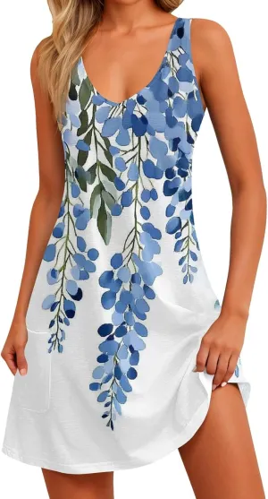 Women's Sleeveless Summer Dress V-Neck Casual Loose Fit with Abstract Purple Print, Lightweight and Breathable