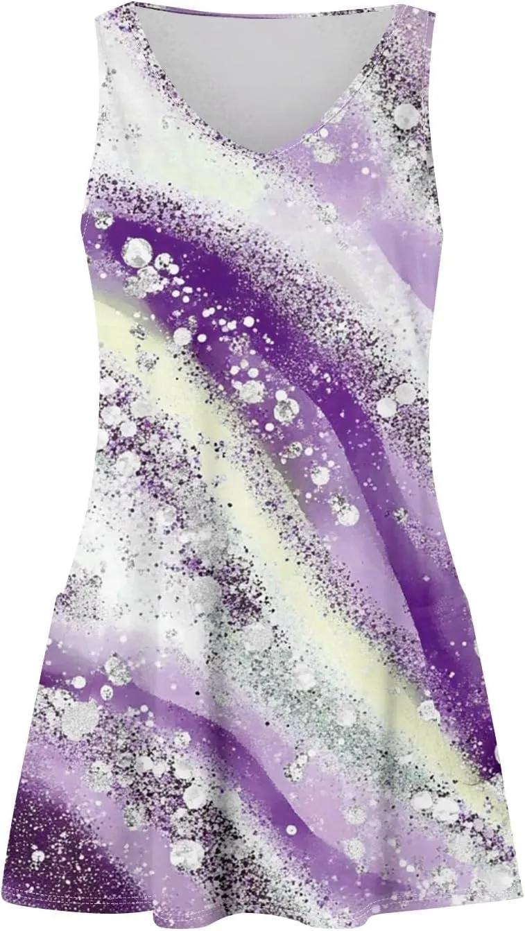 Women's Sleeveless Summer Dress V-Neck Casual Loose Fit with Abstract Purple Print, Lightweight and Breathable