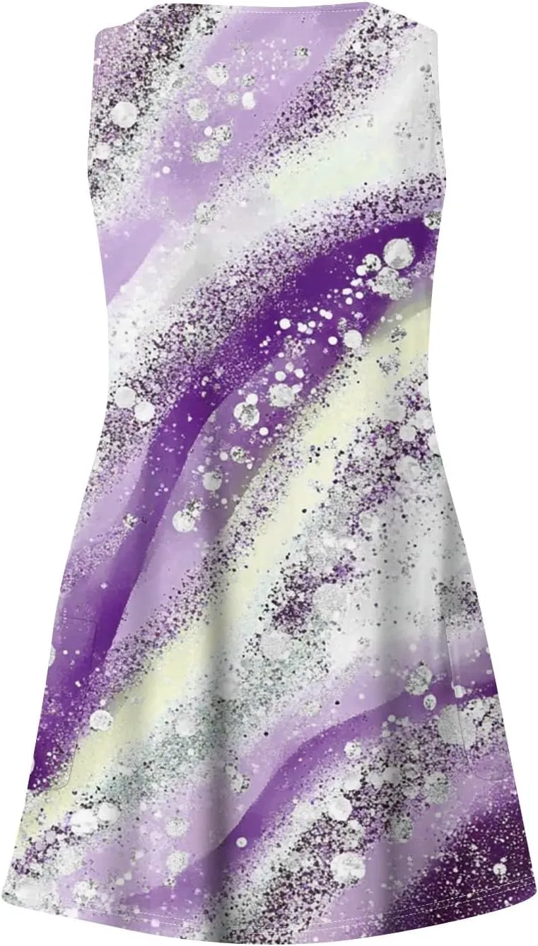 Women's Sleeveless Summer Dress V-Neck Casual Loose Fit with Abstract Purple Print, Lightweight and Breathable