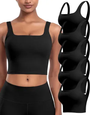Womens Sports Bras 5 Packs - Square Neck Longline Workout Crop Tank Tops Padded Yoga Camisole with Built in Pads