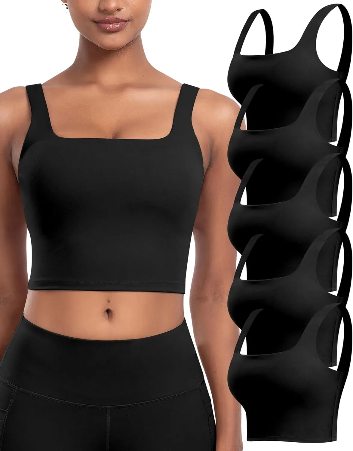 Womens Sports Bras 5 Packs - Square Neck Longline Workout Crop Tank Tops Padded Yoga Camisole with Built in Pads