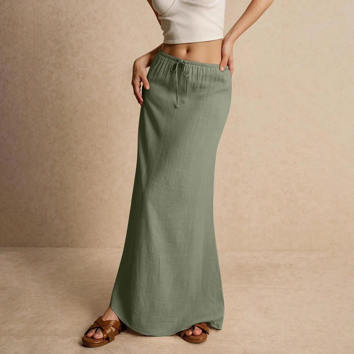 Womens Spring Skirt Cotton Linen Long Summer Casual Drawstring Low Waist Cotton Skirt Flowy Vacation Boho