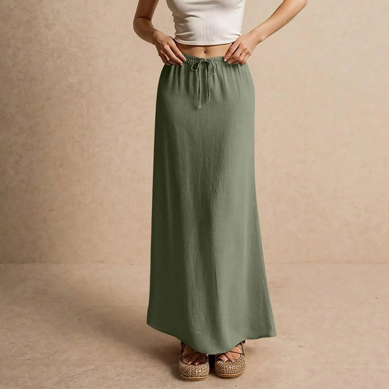 Womens Spring Skirt Cotton Linen Long Summer Casual Drawstring Low Waist Cotton Skirt Flowy Vacation Boho