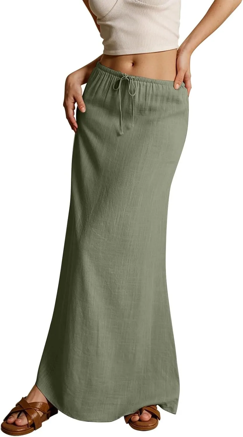 Womens Spring Skirt Cotton Linen Long Summer Casual Drawstring Low Waist Cotton Skirt Flowy Vacation Boho