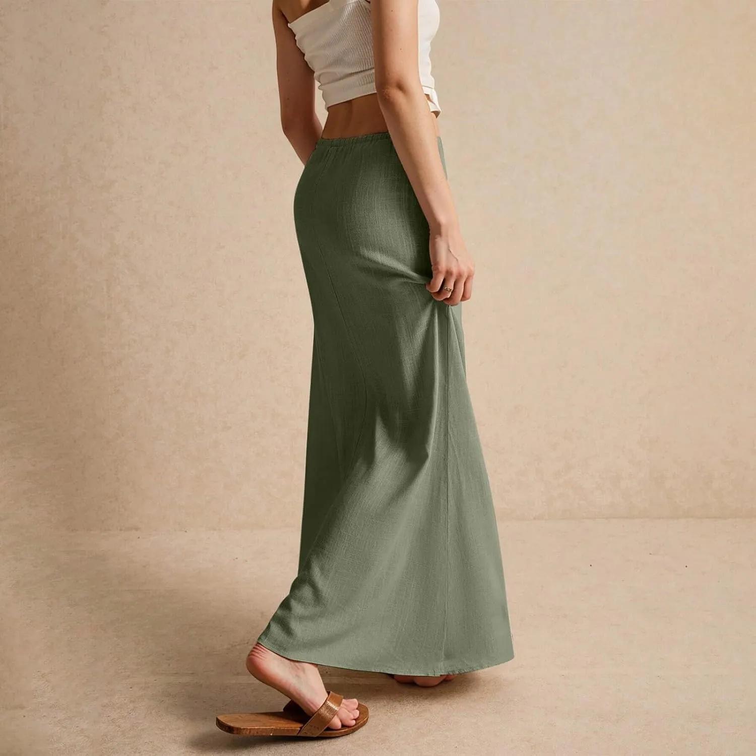 Womens Spring Skirt Cotton Linen Long Summer Casual Drawstring Low Waist Cotton Skirt Flowy Vacation Boho