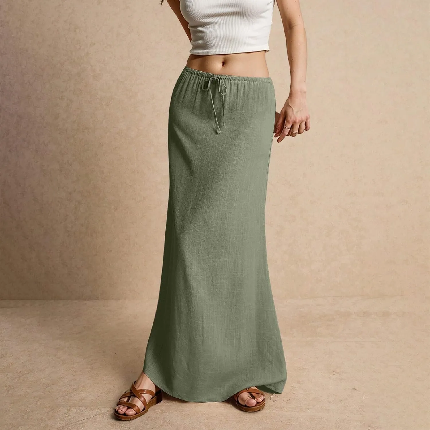 Womens Spring Skirt Cotton Linen Long Summer Casual Drawstring Low Waist Cotton Skirt Flowy Vacation Boho