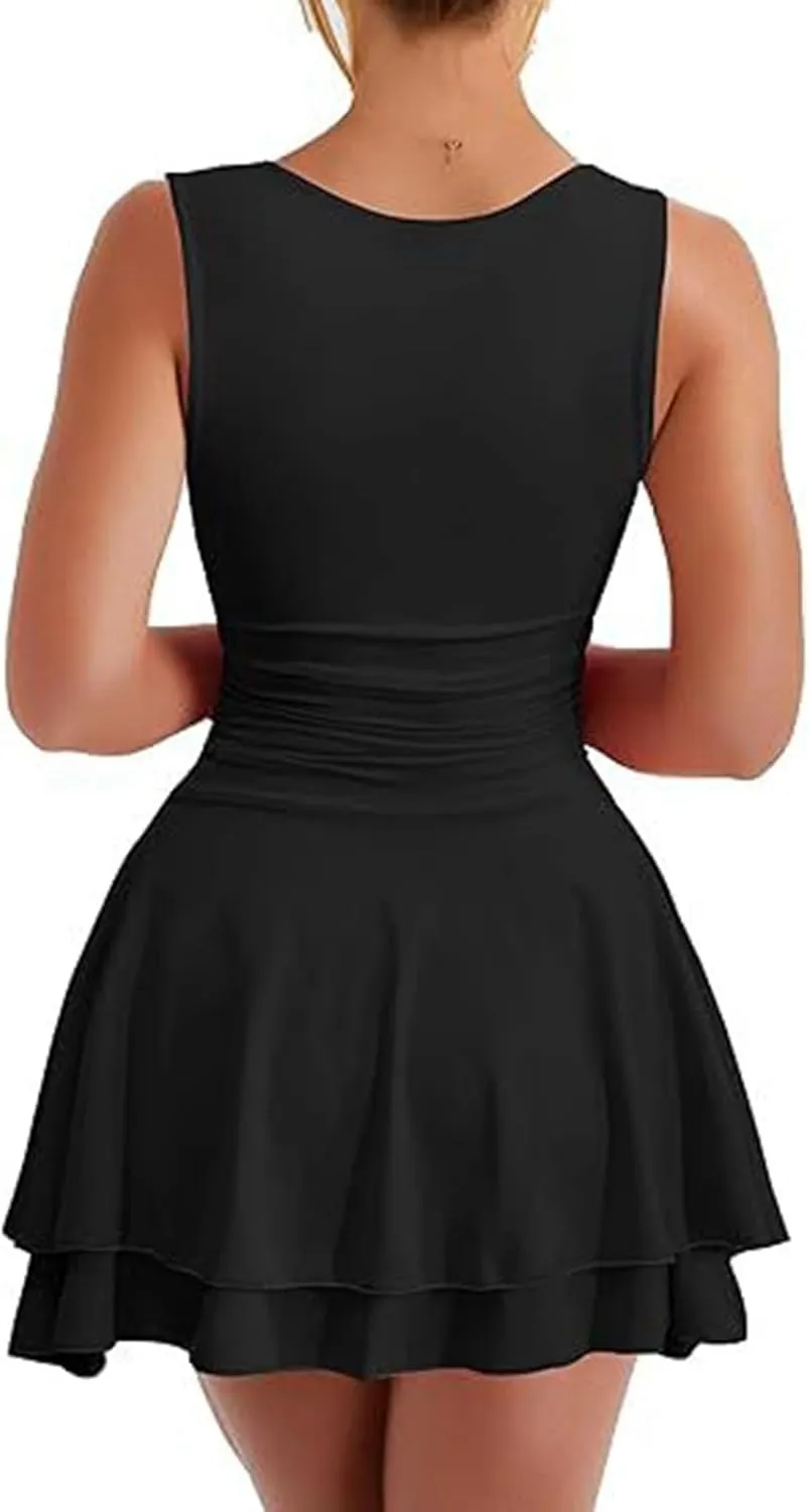 Women's Square Neck Sleeveless Dresses 2025 Summer Casual Ruffle Hem Ruched Waist Beach Party Mini Short Dress