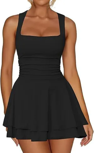 Women's Square Neck Sleeveless Dresses 2025 Summer Casual Ruffle Hem Ruched Waist Beach Party Mini Short Dress