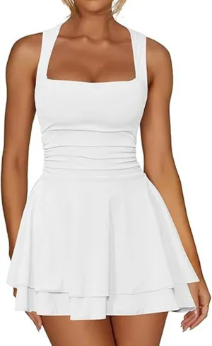Women's Square Neck Sleeveless Dresses 2025 Summer Casual Ruffle Hem Ruched Waist Beach Party Mini Short Dress