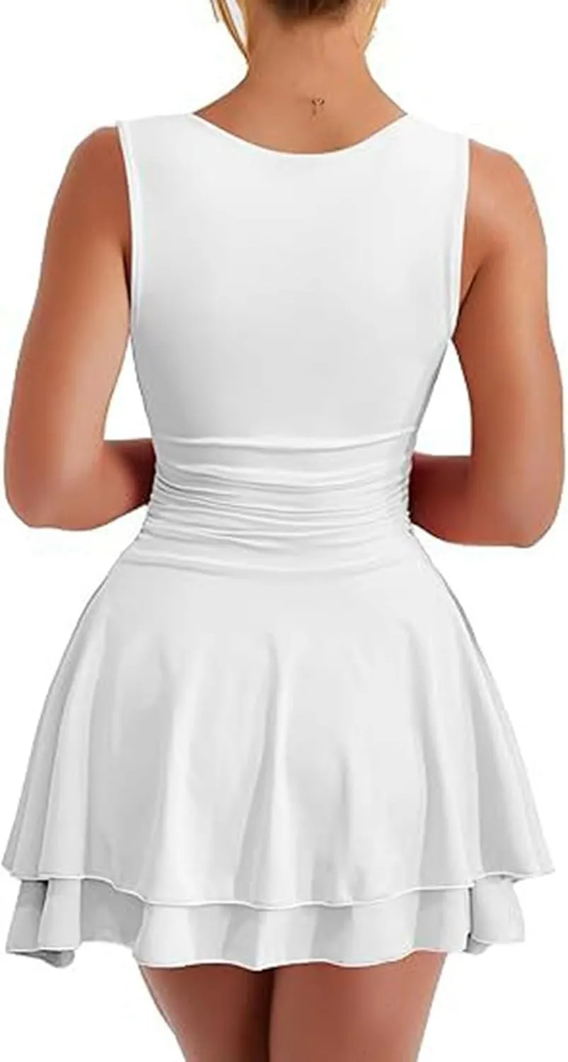Women's Square Neck Sleeveless Dresses 2025 Summer Casual Ruffle Hem Ruched Waist Beach Party Mini Short Dress