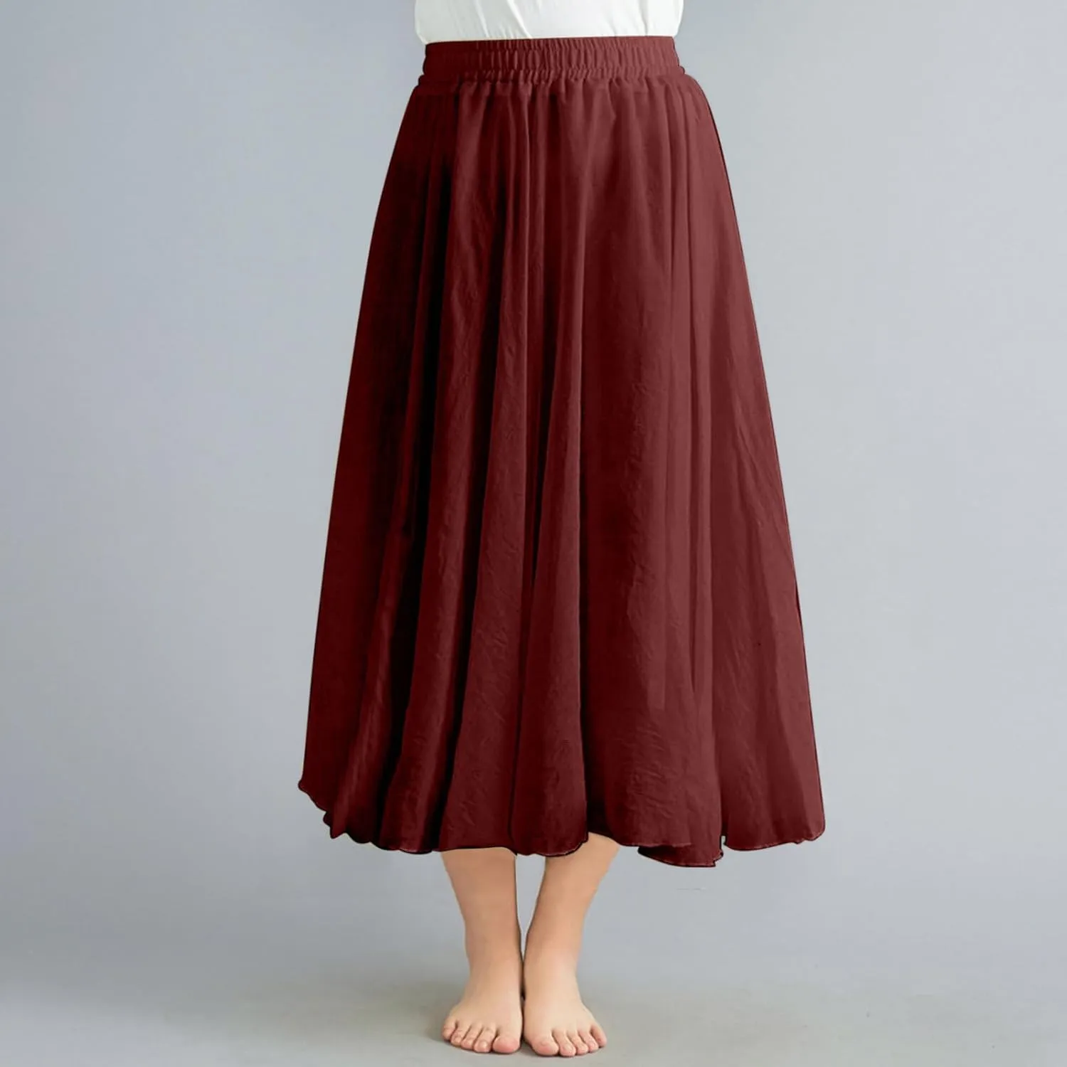 Women's Summer Beach Elastic High Waist A Line Long Skirts Trendy Casual Vacation Loose Solid Color Flowy Midi Skirt